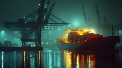 Poster - Illuminated Cargo Ship Docked Under Night Sky with Cranes
