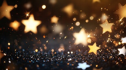 Poster - Golden stars of varying sizes shimmer softly against a deep backdrop, creating a magical and tranquil ambiance for any setting. Generative AI