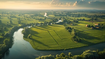 Aerial view, an expansive farmland with neat crop rows, scattered farmhouses, and a running river. Generative AI.