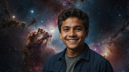 Sticker - middleaged hispanic boy space cosmos background portrait