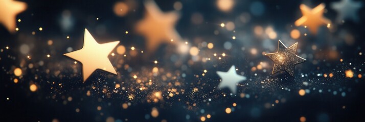 Wall Mural - A variety of gold stars sparkle against a dark backdrop, creating a calming and minimalist ambiance perfect for inspiration and creativity. Generative AI