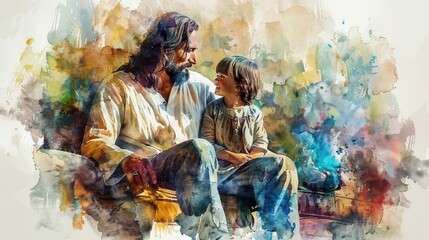 Jesus and Child in Watercolor: A Heartwarming Illustration of Comfort and Love on a Sofa