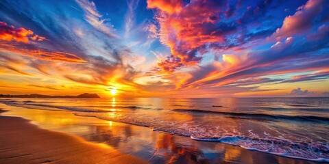 Vibrant sunset over a tranquil beach setting, sunset, beach, ocean, horizon, dusk, calm, peaceful, serene, colorful, clouds