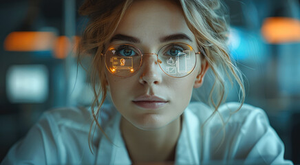 Leinwandbilder - In the office, a project manager is working on a computer. On a laptop, augmented reality icons appear for social media. Things connected to the Internet. Generative AI.