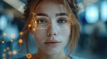 Leinwandbilder - In the office, a project manager is working on a computer. On a laptop, augmented reality icons appear for social media. Things connected to the Internet. Generative AI.