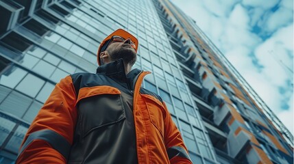 Wall Mural - An engineer in a hard hat inspects the exterior of a high-rise building. Generative AI.