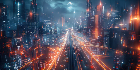 Poster - A futuristic city with towering skyscrapers, neon lights, and floating holograms in the sky. The city is bathed in a surreal glow, reflecting the blending of reality and technology. Generative AI.