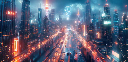 Poster - A futuristic city with towering skyscrapers, neon lights, and floating holograms in the sky. The city is bathed in a surreal glow, reflecting the blending of reality and technology. Generative AI.