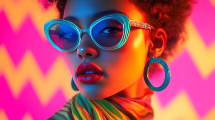 Portrait of a stylish woman in vibrant lighting, wearing colorful sunglasses and hoop earrings against a zigzag pattern background.