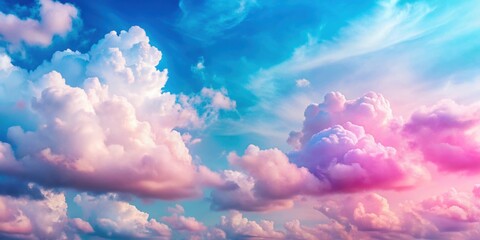 Wall Mural - Pink and blue sky with fluffy clouds background , pastel, colorful, sky, clouds, beautiful, serene, tranquil, background