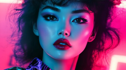 Wall Mural - Stunning fashion portrait of a woman in vibrant neon lights, showcasing bold makeup and modern style.