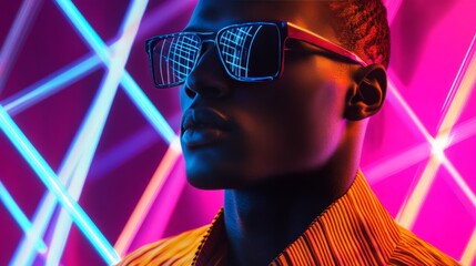 Wall Mural - Stylish person wearing futuristic sunglasses with vibrant neon background in a modern, colorful setting.