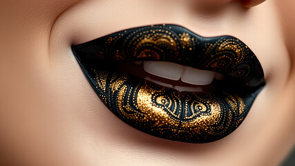 Close up of woman's lips with black and golden lipstick. Generative AI