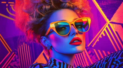 Stylish woman in bold neon lighting with vibrant makeup and retro sunglasses, exuding glamour and modern fashion trends.