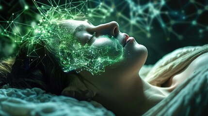Leinwandbilder - A woman lying down with their mind connected to a digital network via glowing green wires. Above them, a holographic display shows a serene. Generative AI.