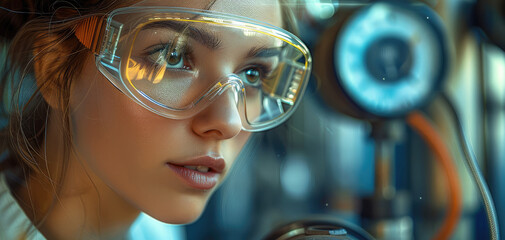 Aufkleber - A female engineer wearing safety goggles, inspecting machinery in an industrial setting. Generative AI.