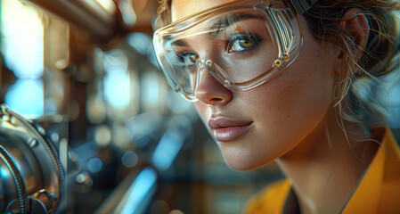 Aufkleber - A female engineer wearing safety goggles, inspecting machinery in an industrial setting. Generative AI.