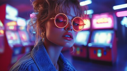 Wall Mural - Stylish woman in retro sunglasses poses in a vibrant arcade setting with neon lights, embodying 80s nostalgia and modern fashion.