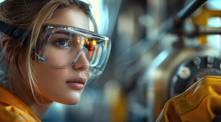 Aufkleber - A female engineer wearing safety goggles, inspecting machinery in an industrial setting. Generative AI.