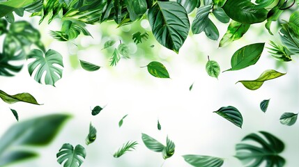 Wall Mural - Falling Tropical Green Leaves, Jungle Island Foliage Isolated on White, Nature Organic Natural Leaf Overlay Element