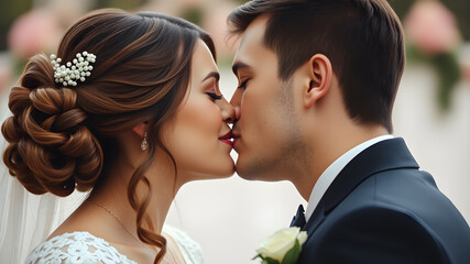 Close up of young couple in love kissing on wedding day. Generative AI