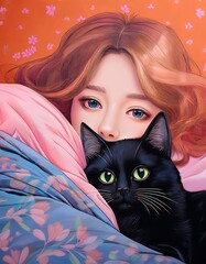 Wall Mural - A girl with a cat in bedroom, art and fashion style.