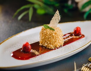 Poster - Sweet dessert on a plate with strawberries and cream