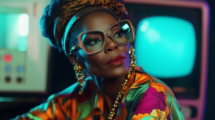 Poster - Stylish woman in vibrant retro clothing and large glasses, sitting in front of vintage TV. Fashion and nostalgia concept.