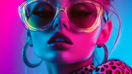 Wall Mural - Stylish woman wearing oversized glasses, neon lights creating vibrant reflections, modern fashion concept in a creative studio setup.