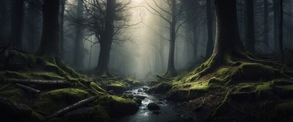 Wall Mural - Mystical Forest Stream with Sunbeams and Moss Covered Trees