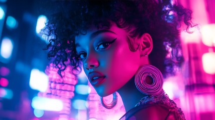 Wall Mural - Stylish woman with afro in neon lights, wearing large earrings, looking back with confidence in a vibrant nightlife atmosphere.