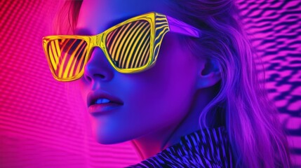 Wall Mural - Stylish woman with bold yellow sunglasses in vibrant neon lights. Retro, futuristic fashion, and modern pop culture collide.