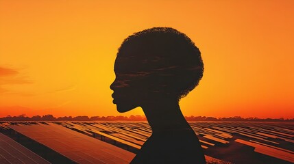 Sustainable Solar Farm Silhouette Landscape Contrasted with Human Profile