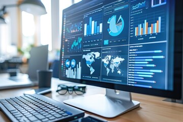 Wall Mural - A computer monitor sits atop a wooden desk, providing a workspace for productivity and computing