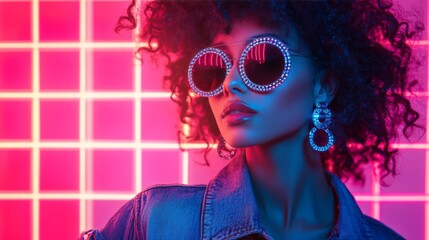 Wall Mural - Stylish woman with curly hair and large sunglasses posing against a neon pink grid background, embracing a vibrant and modern fashion aesthetic.