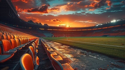 Wall Mural - The empty stands with a dramatic sunset in the background, stadium. Generative AI.