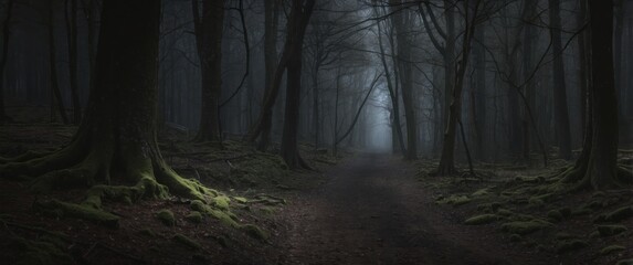 Wall Mural - A Misty Forest Path Through Tall Trees