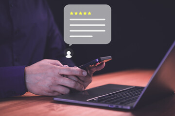 Fototapete - Business concept of testimonial customer service and feedback, good, the best of product and service. Customer experience, best excellent services rating by online application.