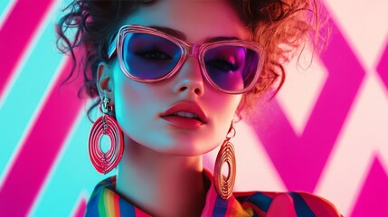 Wall Mural - Stylish woman with large sunglasses and earrings in vibrant, colorful lighting and geometric background, embodying fashion and retro vibes.