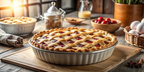 Baking a pie with a lattice crust in a well-lit kitchen filled with delicious aromas , pie, lattice crust, baking