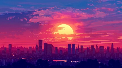 Wall Mural - Cityscape Sunset with Illuminated Buildings and a Large Yellow Sun