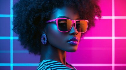 Wall Mural - Stylish woman with sunglasses in vibrant neon lights, showcasing a contemporary afro hairstyle and fashion-forward accessories in a modern setting.