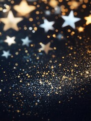 Poster - Golden stars in different sizes shimmer against a dark background, creating an abstract, minimalist design that captures cosmic beauty. Generative AI