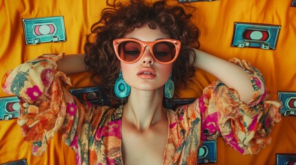 Wall Mural - Stylish young woman in vibrant retro outfit with sunglasses lying on orange background with vintage cassette tapes.