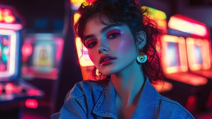 Wall Mural - Stylish young woman with vibrant makeup and neon lights background, exuding 80s retro vibe in arcade setting.