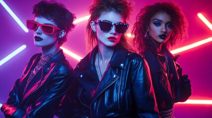 Wall Mural - Three stylish women with red sunglasses and leather jackets posing under vibrant neon lights, showcasing a bold fashion statement.