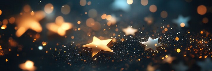 Poster - Delicate stars of various sizes shimmer in gold and white, creating a serene atmosphere against a deep blue background. Generative AI
