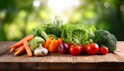 Wall Mural - Composition of fresh fruits, vegetables, fruits and vegetables on wooden table against natural backdrop