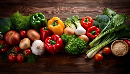 Wall Mural - Composition of fresh fruits, vegetables, fruits and vegetables on wooden table against natural backdrop