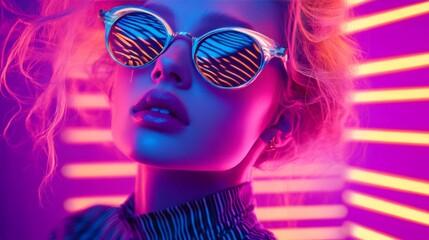 Wall Mural - Vibrant neon portrait of a woman wearing reflective sunglasses under colorful lights, showcasing modern and futuristic fashion aesthetics.